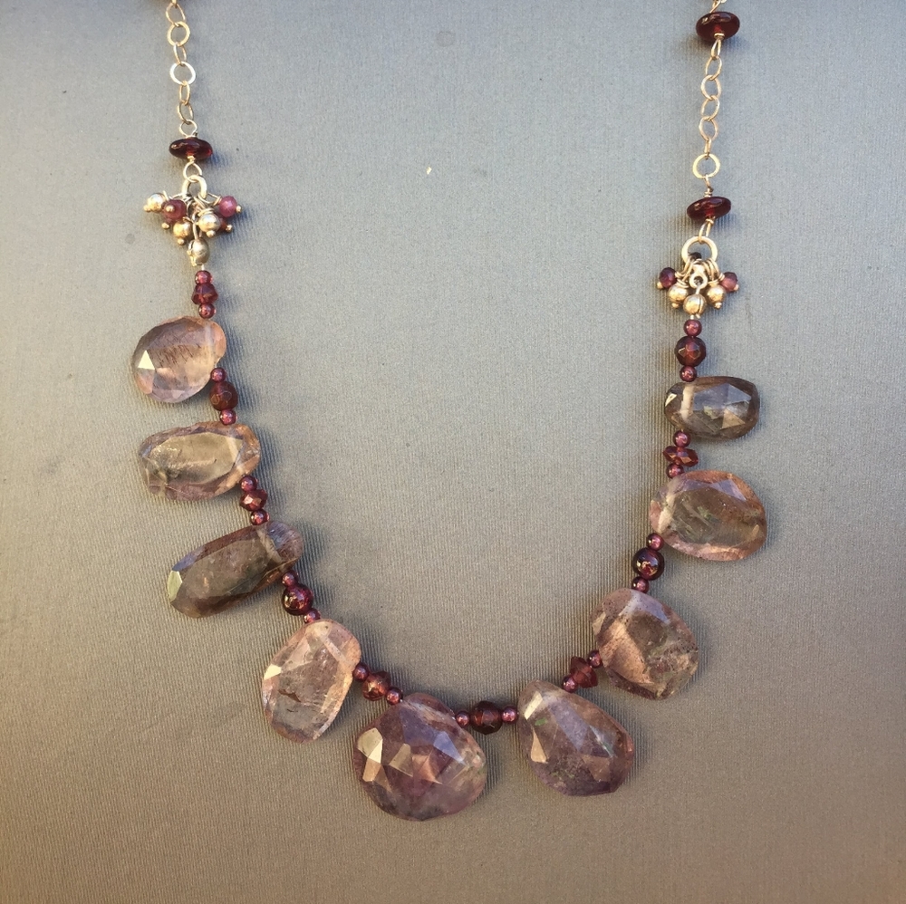 Step-cut Rutilated Lepidolite and Garnet Necklace